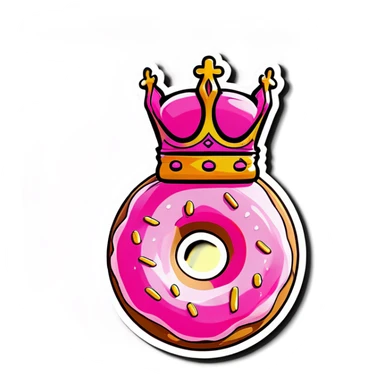 pink frosted donut with a kings crown sticker