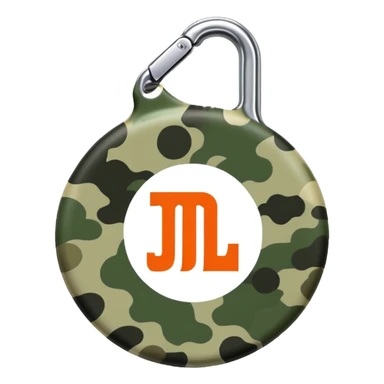 Ultra minimal JBL Clip 4, extremely simplified circular shape with tiny carabiner, just a few green camo spots, small JBL logo, iOS emoji style sticker