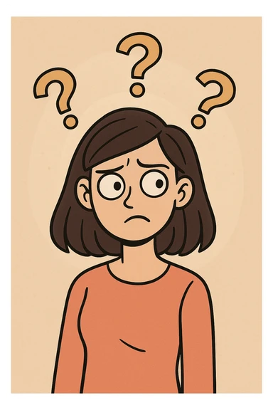 confused woman with straight dark hair, head tilted, question marks circling around her, cartoon style sticker
