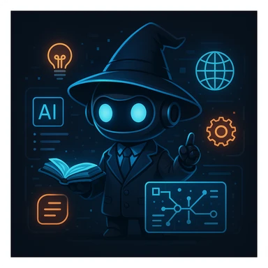 mini productivity wizard robot librarian, dark mode, with glowing AI icons and holographic interface, in a smart minimalist outfit sticker