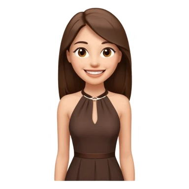 emoji-style illustration of a stylish pretty big smile woman with long straight brown hair, wearing a dark halter neck dress, elegant and minimalistic look, front-facing, soft 3D cartoon rendering, plain background sticker