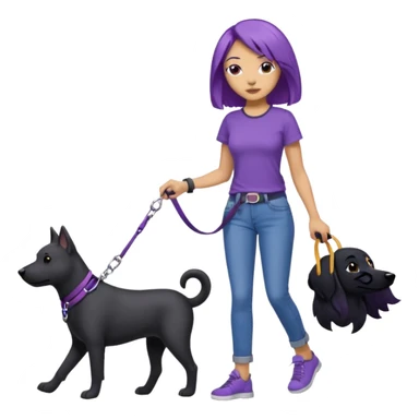 purple haired light skinned woman walking a big, black dog sticker
