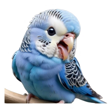 Cinematic Cute Yawning Blue Budgie Portrait Emoji, Head tilted slightly with a dramatic, wide-open yawn, showcasing a soft, downy blue feathered fur with gently drooping wings, round dark eyes barely open in drowsy contentment, Simplified yet irresistibly adorable features, highly detailed, glowing with a soft, cozy glow, high shine, relaxed yet expressive, stylized with a touch of whimsy, bright and endearing, soft glowing outline, capturing the essence of a sleepy yet affectionate budgie, so drowsy it feels like it could stretch out of the screen and curl up for a nap! sticker