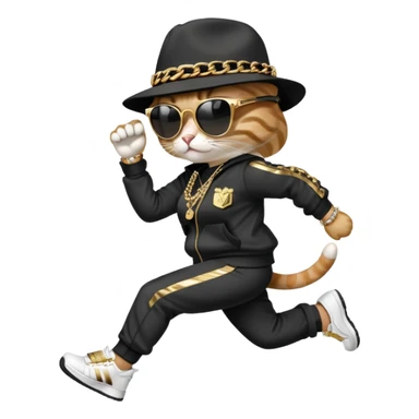 female cat running upright wearing Run DMC hip-hop outfit, tracksuit, fedora, Adidas sneakers, dark sunglasses, many gold chains, bling accessories (rings, bracelets, earrings) sticker