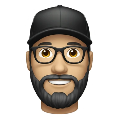 white man with glasses and black beard with a baseball hat backwards and a black t shirt sticker