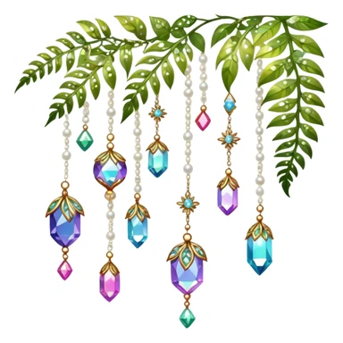Few cute tiny Iridescent glistening glossy sparkly shiny glittery hanging crystals pearls and beads and gemstones scenery scenic decorations with vines and ferns and flowers sticker