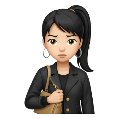 A girl with a pony tail black hair and Asian tan skin, Asian eyes, with a black jacket and a black purse, with an annoyed and confused expression on her face  sticker