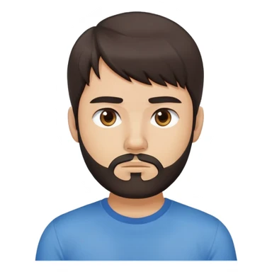 Argentine male with longer straight dark brown hair reaching shoulders, bangs, short complete beard, serious neutral face, wearing plain blue t-shirt sticker