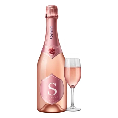 bottle of sparkling rosé with a rose logo on the label, angled to the left, no glass sticker