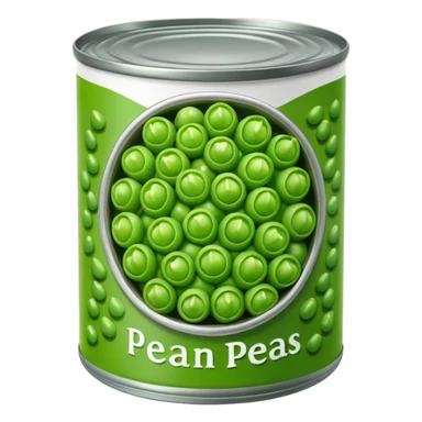 open can of green peas metal simple label with pea image top off showing glossy tender green peas inside moist and brined no extras apple emoji style soft lighting transparent background emoji scale sticker