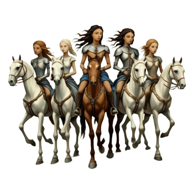 cinematic - aesthetic brilliant radiant divine lighting, oil paint - ivory Four thin women as riders of the Apocalypse, after a graphic by Albrecht Dürer in a desolate landscape on horse skeletons sticker