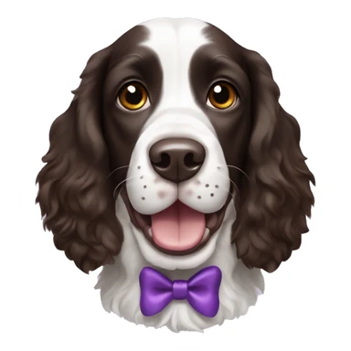 English springer spaniel dog that is happy with blackish browning ears and a white face with  a purple bow sticker