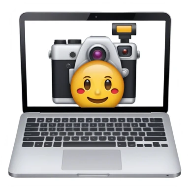 Create an emoji of blogging. The design should feature an open laptop or tablet with a visible blog post on the screen, showing text. Add a photo or video camera to symbolize multimedia content creation. Use modern, professional colors. No smiles. Make the background transparent. sticker