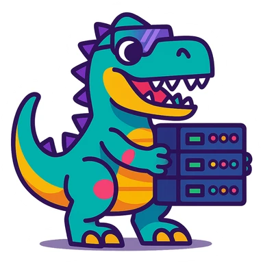 techy and fun T-Rex dinosaur holding a server sticker