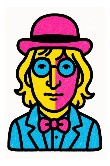 John Lennon with round glasses and a bowler hat, pop art style sticker