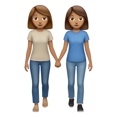 based on emoji style, two people walking together. one is brown-haired woman, wearing a shirt,  Another one is a non-binary person, wearing t shirt and jeans, and the second person doesn't have anything on their hands. They are not holding hands sticker