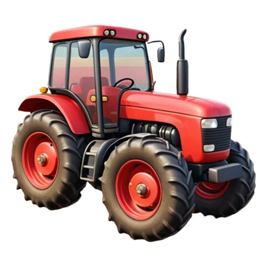 A 3D cartoon red tractor in a farmland setting, with plowed soil and crops in the background, smooth reflections, detailed tires, warm daylight, Memoji-style realism. sticker