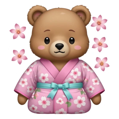 A cute light-brown bear wearing a pastel pink sakura-patterned kimono with a small ribbon on the back, normal balanced head and body proportions, sleepy half-closed eyes, mouth slightly open in a drowsy expression, tiny “zzz” floating near the head, a couple of sakura petals around
 sticker