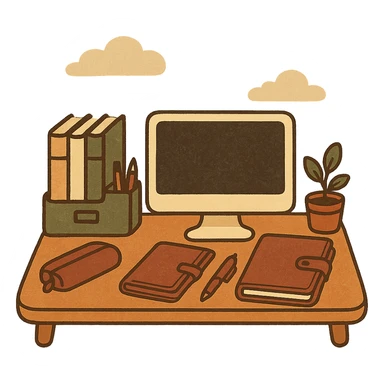 sticker illustration of a neat organized workspace with elements of organization including a desk, organizer, leather accessories such as a notebook cover, leather pencil case, stand, in burgundy, white, black, gray colors, modern business style, no text sticker