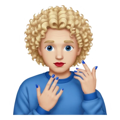 A man with curly fluffy blonde hair with lipstick long eyelashes and painted nails wearing a blue crewneck sticker