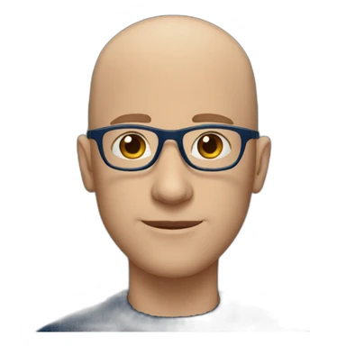 bald man with round glasses with navy sweater with blue eyes sticker