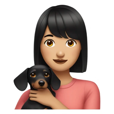 Asian woman with black neat bangs hugging black dachshund sticker