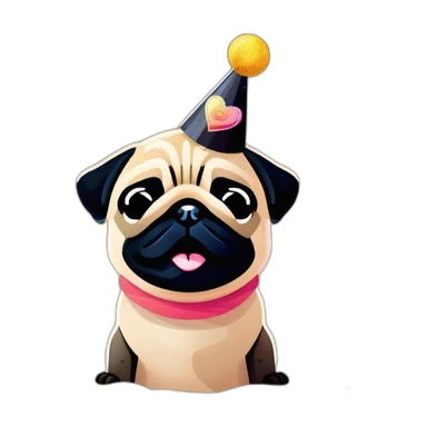pug and black pug wearing birthday hat sticker