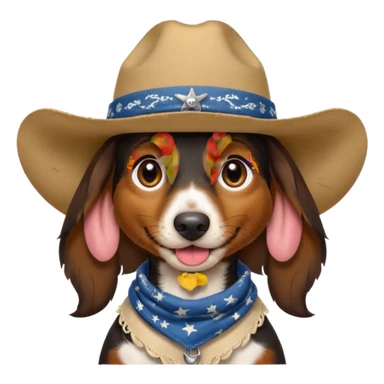 mostly black with some brown long hair daschund with a cowboy hat, ears curl out a bit and bandana and tongue slightly out sticker