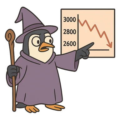 penguin wizard pointing to a stock chart with numbers going down sticker