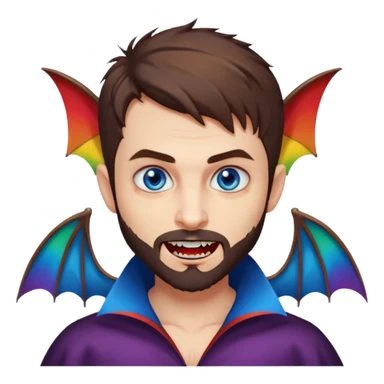 Vampire with blue eyes, short brown hair, short beard/scruff and fangs. rainbow color bats behind him sticker