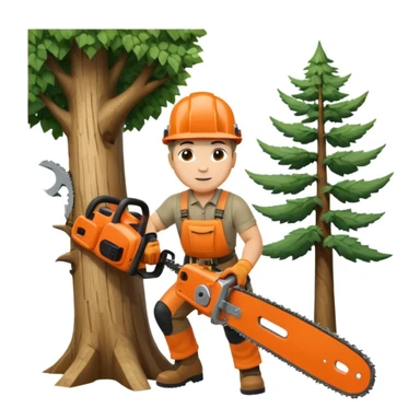 professional arborist cutting down a large tree with chainsaw, wearing safety helmet and protective gear. Scene includes detailed tree trunk, falling wood pieces, forest background, dynamic movement, and emphasis on expertise and safety in tree removal sticker