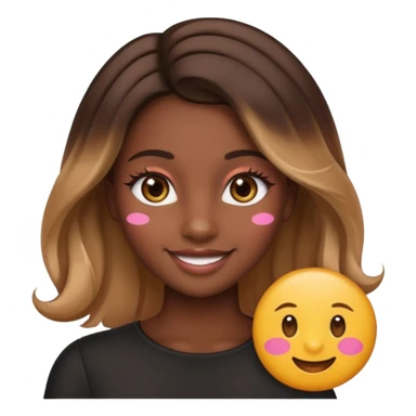 young woman, dark skin, straight hair with caramel balayage, brown eyes, curled lashes, blush, emoji style sticker