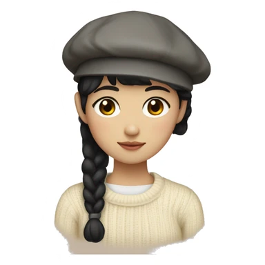 korean girl short black hair sharp jawline, wearing a cream sweater and beret sticker