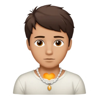 create an emoji of a young man. he has a surfer look, with short messy dark brown hair, brown eyes, tanned skin, natural lips. he wears a white tight shell necklace with a white shirt sticker
