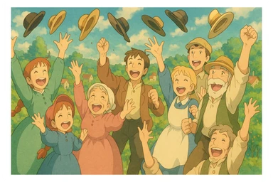 group of people cheering and throwing hats, ghibli style sticker