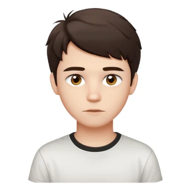create an emoji of a teenage man, oval face. he has an English look, very messy dark brown hair, dark brown eyes, pale skin, natural lips. he wears a short sleeve very white shirt sticker