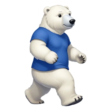 friendly anthropomorphised polar bear walking with a confident stride, wearing a royal blue t-shirt, stronger-looking sticker
