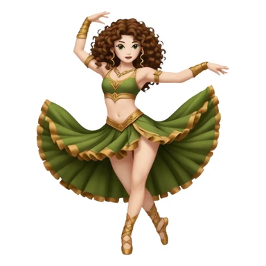 full body woman long curly brown hair brown eyes white skin tattoos muscular build moss silk dancer costume, mid spin sticker