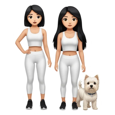 A girl with long black hair who wears white crop top and black legging, she is holding a west highland terrier sticker