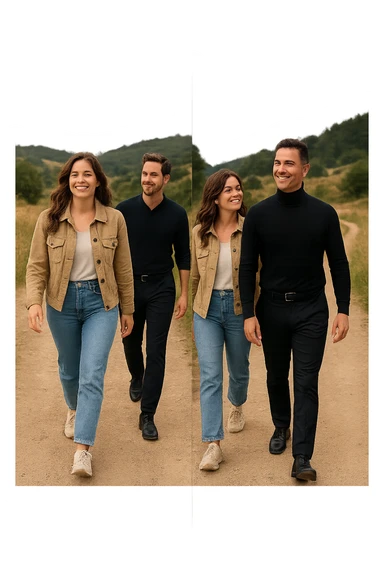 a man and a woman walk together along a winding path in a natural landscape. In one version, the woman leads confidently while the man follows a few steps behind, looking at lei con ammirazione. In un’altra versione, i ruoli sono invertiti, con l’uomo che guida e la donna che lo segue sorridendo. La scena trasmette l’idea che entrambi possano guidare o seguire, a seconda del momento. sticker