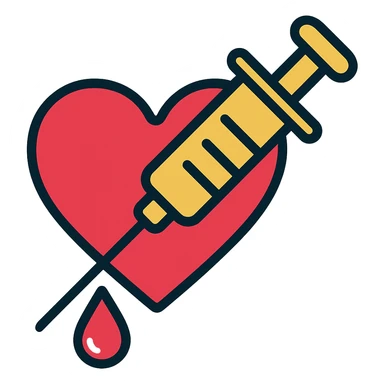 Add a blood drip coming from the syringe and heart. Keep the color outline style and no background. sticker