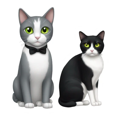 grey and white tuxedo cat with green eyes, with a black cat with yellow eyes sticker