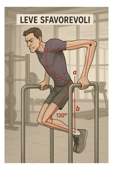 a tall, lean man with very long arms and a short torso attempts a dip on parallel bars. His elbows are deeply bent and his body appears awkwardly positioned, highlighting the mechanical disadvantage. An overlay shows anatomical lines and angles, with labels explaining “Leve Sfavorevoli” The background is a modern gym, with a focus on biomechanics. in italiano sticker