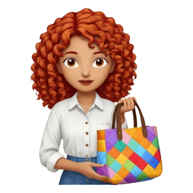 a pretty tan indian bratz girl with curly red hair, wearing an oversized patchwork white shirt, carrying a tote bag sticker