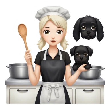 pale girl with long back hair wearing black long shirt wearing apron and baking holding black floppy ear schnauzer sticker
