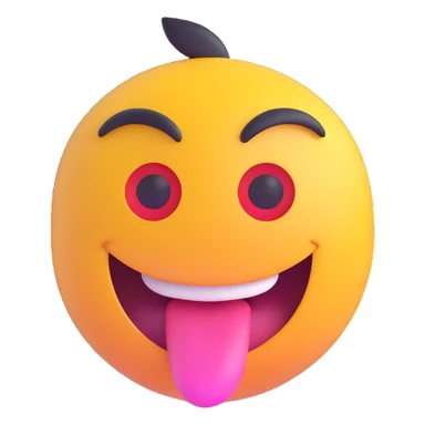 3D emoji with a zany face, one eye larger, tongue sticking out, wild smile, vibrant and glossy, front facing sticker
