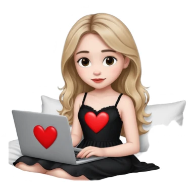Sabrina carpenter in a black nightdress sitting on a bed with her laptop open and there is a heart on her laptop  sticker