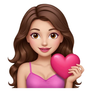 girl with long wavy brown hair, brown eyes, long lashes makeup, sexy pink lips, light to medium complexion, wearing a pink sexy top, smiling, holding a big heart sticker