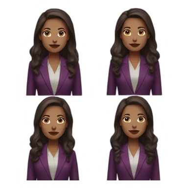 a white woman, dark brown long hair, wearing marsala lipstick and using a purple blazer sticker