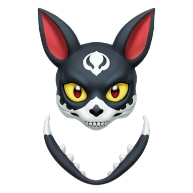 Gothic spooky Scaley Exotic Salandit-Umbreon-Noibat-Fakémon-hybrid-creature (full body), white skull face mask sticker